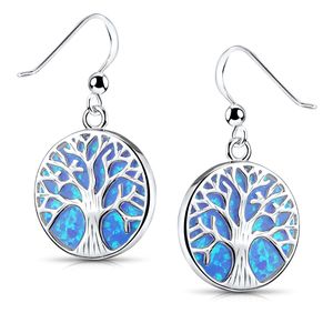 MATERIA Lebensbaum Ohrhänger mit Opal türkis-blau für Damen - Hängende Ohrringe rund aus 925 Sterling Silber SO-405-blau