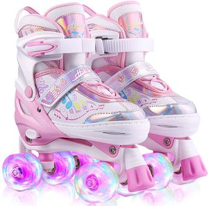 Hikole Rollschuhe Kinder verstellbar, mit Leuchtenden Rädern Roller Skates Inline Skates für Mädchen, Jungen, Anfänger, pink, Größe 31-34