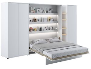 Wohnwand mit Schrankbett Bed Concept 160x200 Wandbett-Set Kleiderschrank Regalschrank Regal Led Beleuchtung Weiß/Artisan Eiche