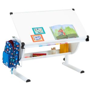 Kinderschreibtisch SARI höhenverstellbar in weiß/weiß, Schreibtisch für Kinder neigbar mit Rille für Stifte, Schülerschreibtisch mit Ablage und Rucksackhalterung