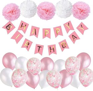 Geburtstagsdeko Mädchen Rosa Happy Birthday Girlande mit Pompoms und Luftballons Rosa Konfetti Luftballons für Geburtstag Partydeko Mädchen und Frauen