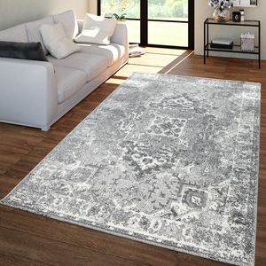 Vintage-Teppich Für Wohnzimmer, Kurzflor Im Orient-Design, Meliert In Grau Größe 120x170 cm