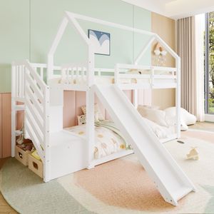 Flieks Etagenbett 90x200cm, Hochbett mit Treppe, Kinderbett mit Rutsche und Treppe, Hausbett mit Lattenrost, Massivholzbett Stockbett für Kinder, Weiß