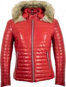 Damen Stepp Lederjacke mit Fell Kapuze aus echtem Schafsleder Slim Fit Gesteppt(XL,Rot)