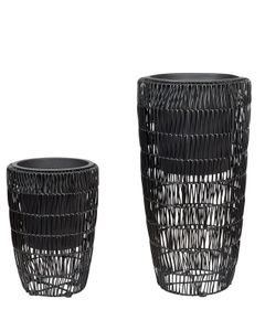 BELIANI Blumentopf 2er Set Schwarz Rattan mit Innentopf Rund Bauchig Geflochten Verschiedene Größen 40 cm und 66 cm Hoch Modern Outdoor & Indoor