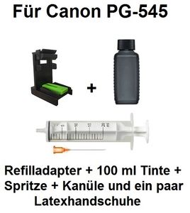 Befülladapter + 100 ml INK-MATE Refill-Tinte black für Canon PG-545, PG-545 XL  - Mit diesem Adapter befüllen Sie Ihre Patrone mit wenigen Handgriffen in nur wenigen Minuten selbst.