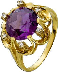 Antiker Amethyst Diamant Ring von 1950 Gelbgold 585 violetter Amethyst 6 Diamanten 0,09ct. TW/VSI 8/8 Unikat 18