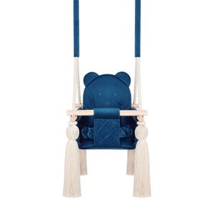 Indoor-Babyschaukel von Guguplanet Dunkelblau: Mit Sicherheitsgurten, Teddybär-Design, Holzrahmen, Anpassbares Seil, Einfach zu montieren