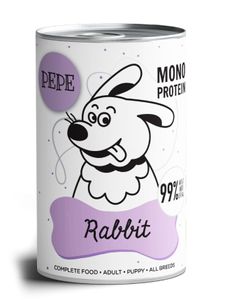 Paka Zwierzaka PEPE - KARMA MOKRA Rabbit 99% 400g Zawiera 99% mięsa, cennych podrobów oraz rosołu z królika