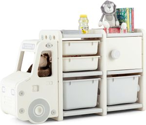 COSTWAY Regál na hračky do auta, dvouúrovňový dětský regál se zásuvkami a úložnými boxy, snadná montáž, 110x32x66 cm, šedý