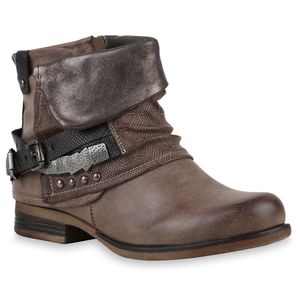 Mytrendshoe Gefütterte Damen Biker Boots Nieten Schnallen Stiefeletten 812207, Farbe: Khaki, Größe: 36