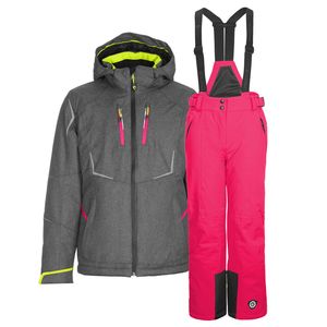 Skianzug Mädchen 176 Jacke grau melange mit Neon Details Hose Neon Pink  - Gr. 176