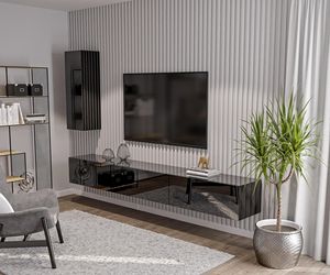 Zostava nástennej skrinky, TV stolík 270 cm a bočná skrinka na stenu, čierny vysoký lesk, moderný dizajn, nástenná obývacia zostava Zostava nástennej skrinky, TV stolík 270 cm a bočná skrinka na stenu, čierny vysoký lesk, moderný dizajn, nástenná obývacia zostava