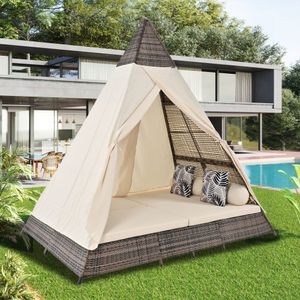 Flieks Tipi Zelt für 2-4 Personen, Strandzelt Strandmuschel Dachzelt mit Vorhang, Rattan Gartenmöbelsets Loungemöbel Balkonset, Zelt Outdoor, Beige