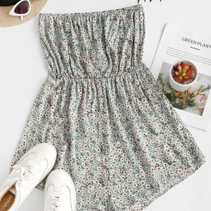 Boho Ditsy Blumendruck Schulterfreier Overall Urlaub Geraffter, kurzer, elastischer Overall Damenbekleidung