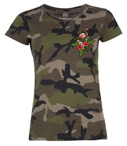 Damen T-Shirt Camouflage Camo-Shirt Flamingo Tropical Palmblätter Sommer Stick-Patch-Optik Tarnmuster Neverless® schwarz XL