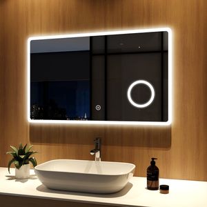 Meykoers LED Badspiegel 100x60cm Badspiegel mit Beleuchtung kaltweiß Lichtspiegel Badezimmerspiegel Wandspiegel Touch 3-Fach Vergrößerung IP44 energiesparend