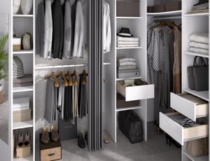 Eckkleiderschrank mit Vorhang & 1 Tür - Mit Spiegel - B 231 cm - Weiß & Grau - BERTRAND