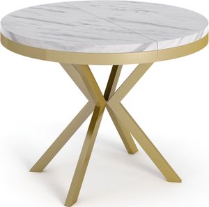 Runder Ausziehbarer Esstisch - Loft Style Tisch mit Goldenen Metallbeinen - 100 bis 180 cm - Industrieller Quadratischer Tisch für Wohnzimmer - Kompakt - 100 cm - Weiß Marmor