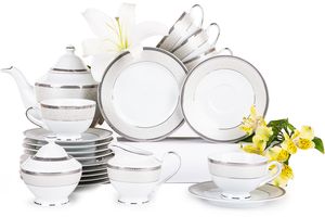 Konsimo Teeservice für 6 Personen (15-teilig) "MARTHA PLATIN", Weiß, Porzellan, Classic, 200 ml / 15 cm / 21 cm / 1,2 l