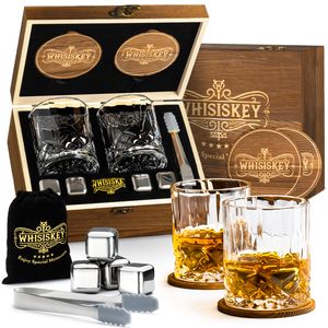 Whisiskey - Whisky Gläser Set - Whisky Zubehör Set - Whiskygläser - Eiswürfel Wiederverwendbar - Geschenke für Männer - 4 Whiskey Steine & 2 Gläser