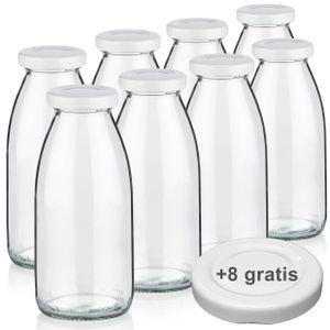 Milchflaschen 0,25L Smoothie Saft Flaschen 250ml leere Glasflaschen Deckel BPA frei, 8 Milchflaschen mit 16 Deckeln