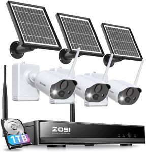 ZOSI 3MP Drahtlos Überwachungskamera Set mit Solarpanel, 3X WLAN Aussen Batteriekameras mit 8CH 1TB NVR, PIR-Bewegungsmelder, 2-Wege-Audio, Ton- und Lichtalarm, C306 Pro