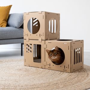 Navaris Katzentunnel aus Karton mit Kratzboards - 3tlg. Katzenhaus aus Pappe zum Zusammenstecken - Papphaus für Katzen - Katzenhöhle Haus Kartonhaus