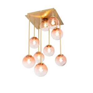 QAZQA - Art Deco Art-Deco-Deckenlampe Gold I Messing mit rosa Glas 9 Lichter - Athen I Wohnzimmer I Schlafzimmer - Stahl Quadratisch - LED geeignet G9