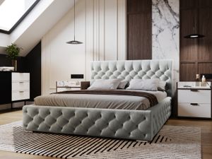 GRAINGOLD Glamour Chesterfield posteľ 180x200 cm Velutto - zamatová posteľ s lamelovým roštom a posteľným boxom - svetlosivá (Magic velvet 2218)