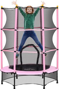 Trampolina dla dzieci HOMCOM Ø140 cm, trampolina z siatką zabezpieczającą, osłona krawędzi, trampolina ogrodowa dla dzieci 3-10 lat, maks. obciążenie 50 kg, różowa