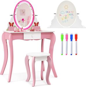 COSTWAY 2 in 1 Kinder Schminktisch & Hocker mit um 360° drehbarem Spiegel & Whiteboard, 4 Markern, Prinzessin Frisiertisch für Kleinkinder von 3-7 Jahren (Rosa)