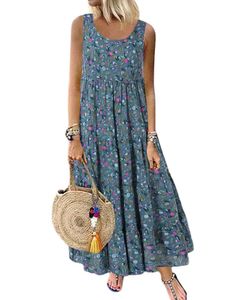 Damen Sommerkleider Kurzarm Langes Kleid Strand Bohemian Maxikleider Blumenkleider Blau,Größe XL