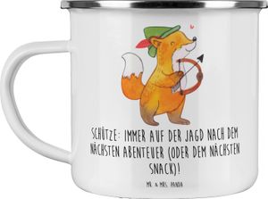 Mr. & Mrs. Panda Camping Emaille Tasse Abenteuer Schütze - Weiß - Geschenk, Snacks, Trinkbecher, individuell, Erlebnisse, Sternzeichen, Sternzeichen Schütze, Feuerzeichen