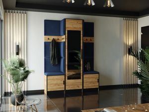 KIER FURNITURE Kleiderschrank, Goldene Eiche Craft + Stoff Blau - 159,6x205x39cm