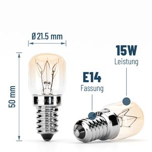 ABSINA 2x Backofen Glühbirne 15W E14 - Backofenlampe bis 300 Grad hitzebeständig für Mikrowelle & Salzlampe - Backofen Lampe