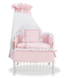 Beistellbett 3in1 Babybett Komplettbett Royal Rosa, Spitze Weiß, Premium Baumwolle