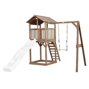 AXI Beach Tower Spielturm aus Holz in Braun | Spielhaus für Kinder mit weißer Rutsche, Schaukel und Sandkasten | Stelzenhaus für den Garten