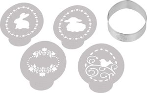 Dr. Oetker Ei-Ausstecher inkl. 4 Deko-Schablonen aus der Serie "Goldiges Ostern", Keks- und Plätzchenform (Farbe: Silber, Weiß), Menge: 1 x 5er Set