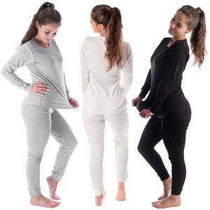 Damen Thermo Unterwäsche Set | lange Unterhose + langarm Unterhemd | Funktionsunterwäsche | Thermounterwäsche 3er Pack - Creme/Grau/Schwarz - L