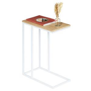 Beistelltisch DEBORA, praktischer Wohnzimmertisch in C-Form, schöner Couchtisch Tischplatte rechteckig in Sonoma Eiche, eleganter Sofatisch mit Metallgestell in weiß