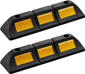 Wiltec Radstopper 47,5 x 12 x 8 cm, 2x Einparkhilfe aus Gummi, Parkplatzbegrenzung mit gelben Reflexionsstreifen & Schraubrillen, Parkplatzsperre für Garage