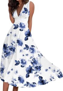 Lässige Kleider für Damen, Frühling und Sommer, elegantes Wickelkleid mit V-Ausschnitt, ärmelloses Maxikleid, Blumendruck, fließendes Strandkleid， A