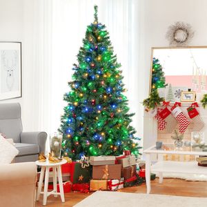 COSTWAY 180cm Künstlicher Weihnachtsbaum, Beleuchteter Tannenbaum mit farbigen LEDs & Metallständer, Klappbarer Kunstbaum Beleuchtung, Christbaum für Weihnachten Büro Zuhause, PVC, Grün