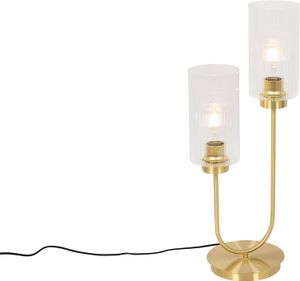 QAZQA - Art Deco Art-Deco-Tischlampe Gold I Messing mit Glas 2-flammig - Laura I Wohnzimmer I Schlafzimmer - Länglich - LED geeignet E27