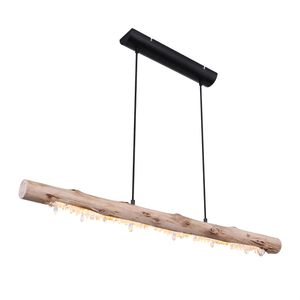 Globo Lighting Hängeleuchte Metall schwarz matt, Holz naturfarben, Acrylkristalle klar, Kabel Textil Schwarz, mehrere Stufen über Wandschalter, Stufenschalter, Memoryfunktion, Höhe kürzbar, 100% - 40% - 10%, LxBxH: 1000x80x1500mm, inkl. LED 15W 230V, 1500lm Source, 980lm Output, 3000K