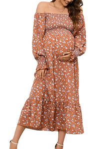 Damen Sommerkleider Maxikleid Long Sleeve Langes Kleid Freizeitkleider Strandkleid Orange,Größe Xl