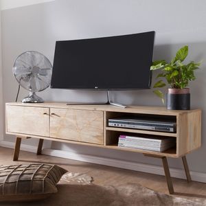 Massives TV-Board 145cm Mango Massivholz hell Fernsehschrank mit 2 Türen & Ablage Lowboard