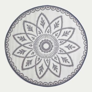 HOMESCAPES Runder Outdoor Teppich wetterfest grau-weiß 180 cm, Gartenteppich Henna wendbar mit Mandala-Muster für Balkon, Terrasse, Küche, Flur & Wintergarten