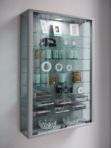 Vitrosa Mini Vitrinenschrank Wandhängend mit 2 Glastüren 8 Glasböden Silberfarbig.